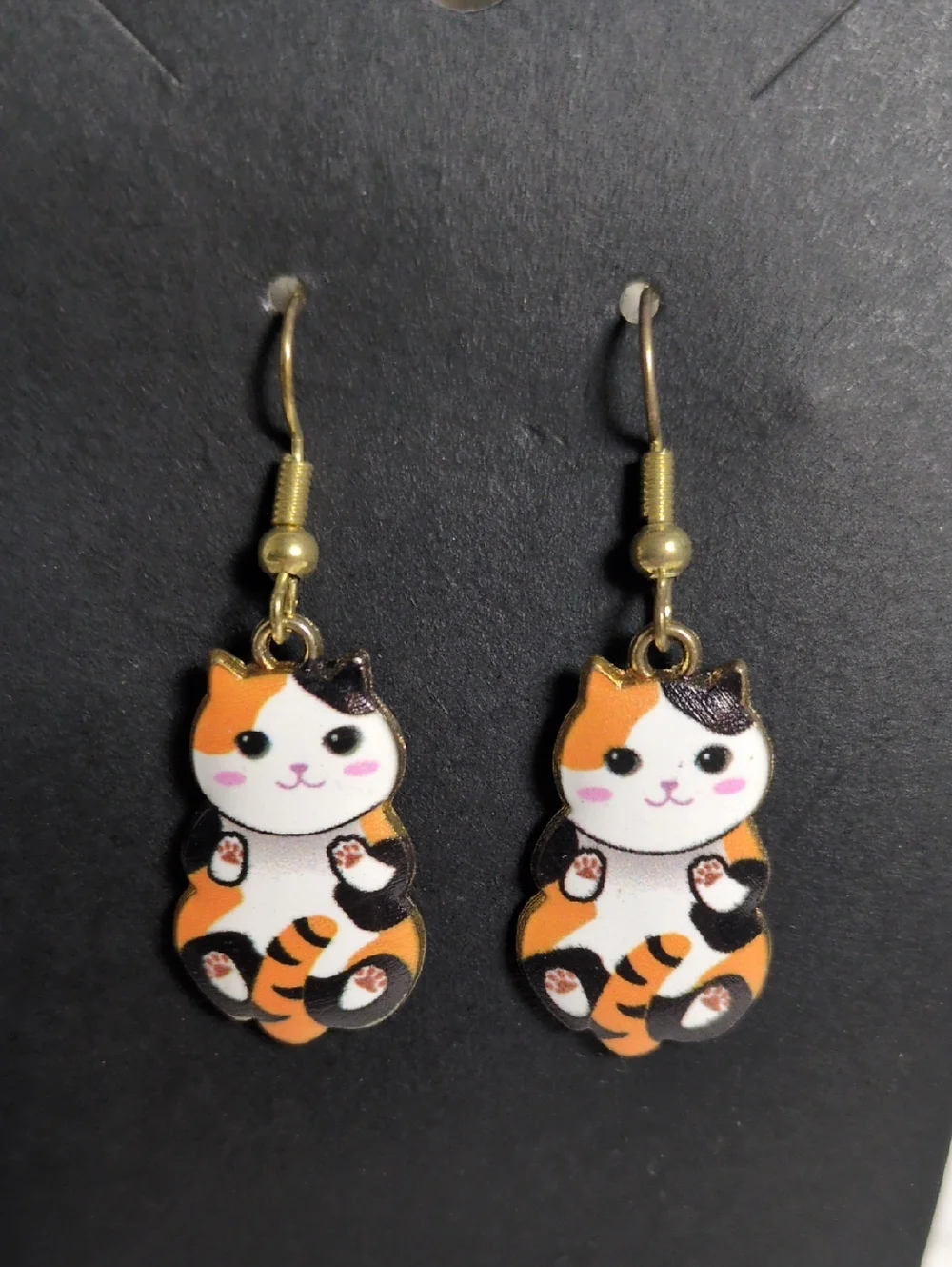 Calico Cat Dangle Earrings - White, Orange, Black -